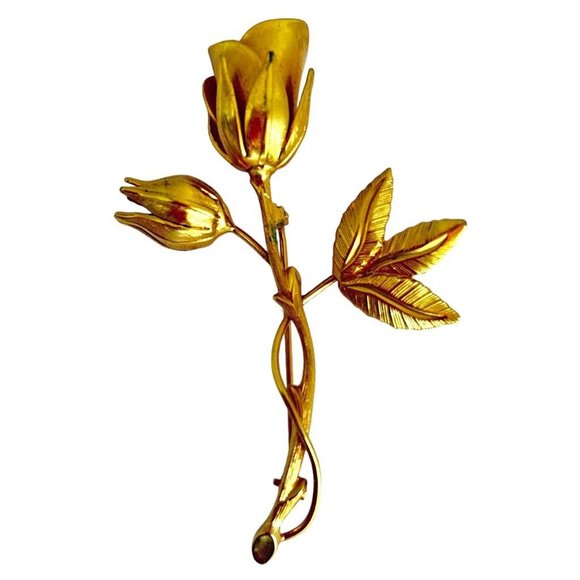Goldtone Pin Brooch Single Long Stem Rose and Bud 2 5/8" - Picture 1 of 6